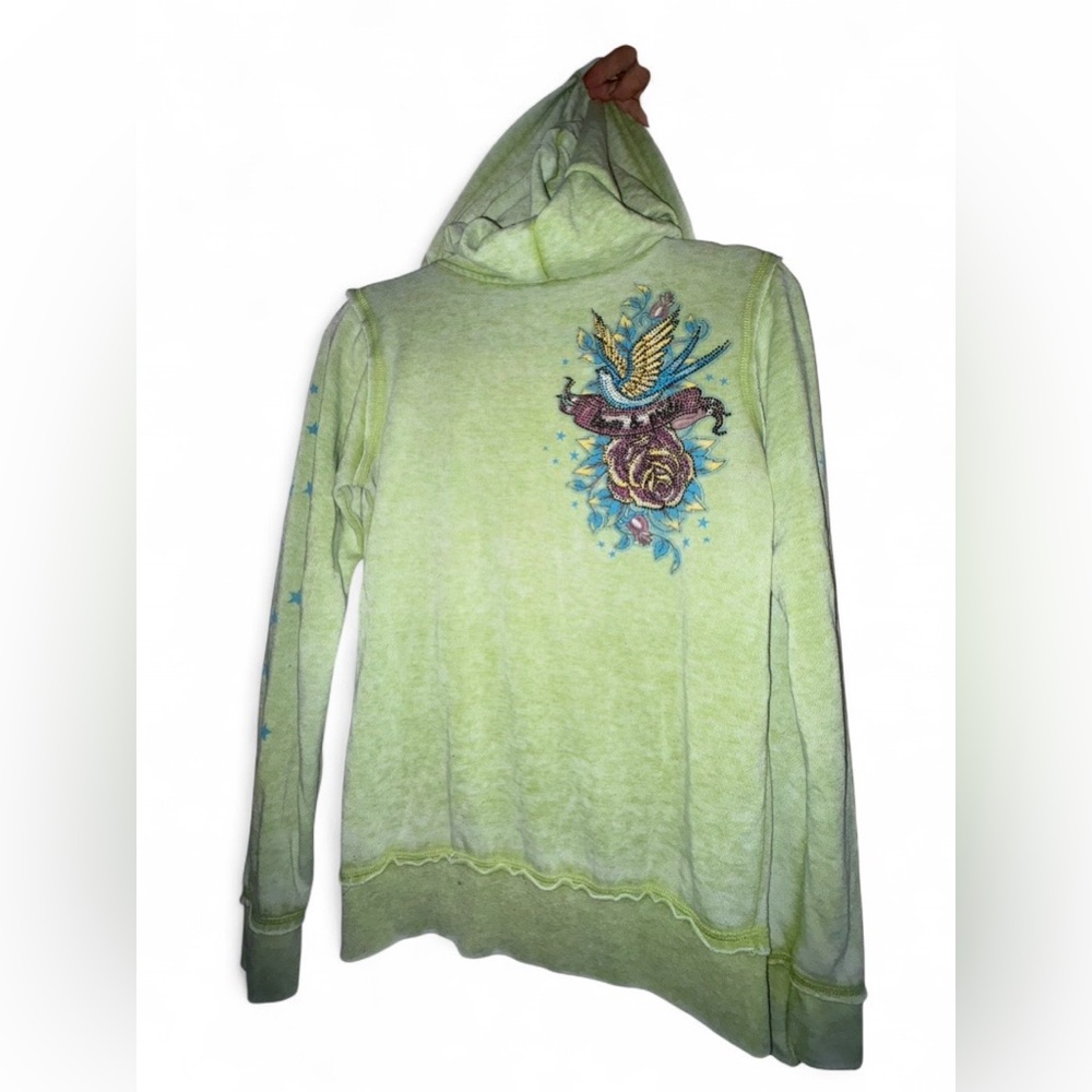 Affliction Sinful Y2K Lime Green Rhinestone Graphic Zip-Up Hoodie - Size Medium - Picture 4 of 7